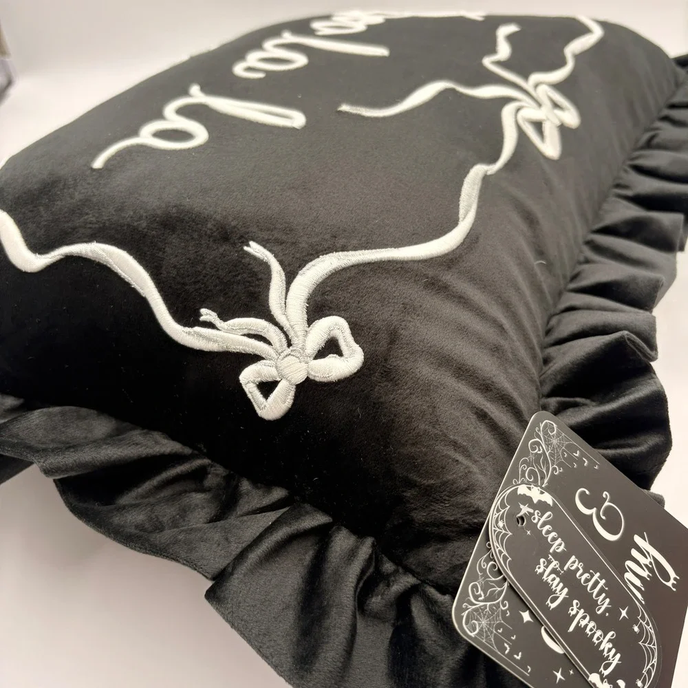 Sleep Pretty Stay Spooky Boo La La Black Velvet Ruffle Pillow 14x20 Halloween